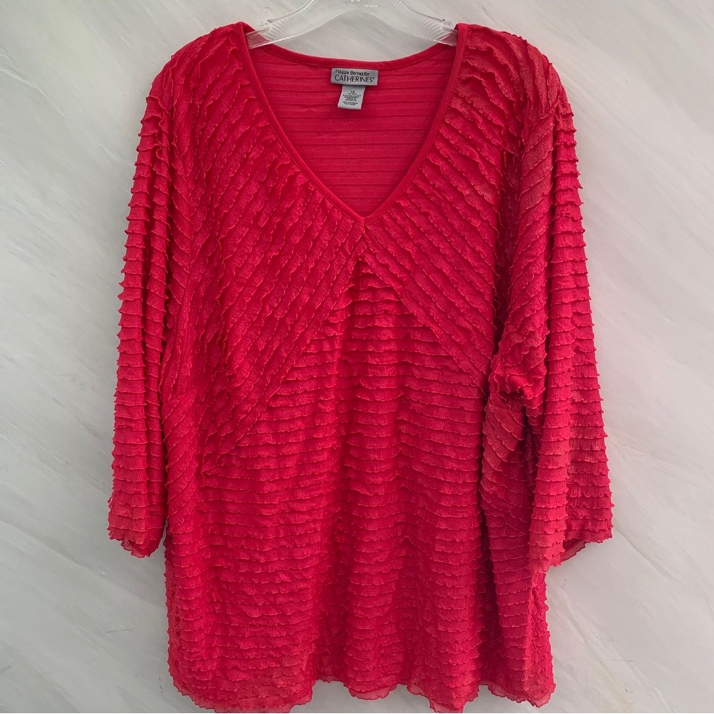 Maggie Barnes Catherine’s Women’s 1X V-Neck Tiered Ruffles 3/4 Sleeve Blouse